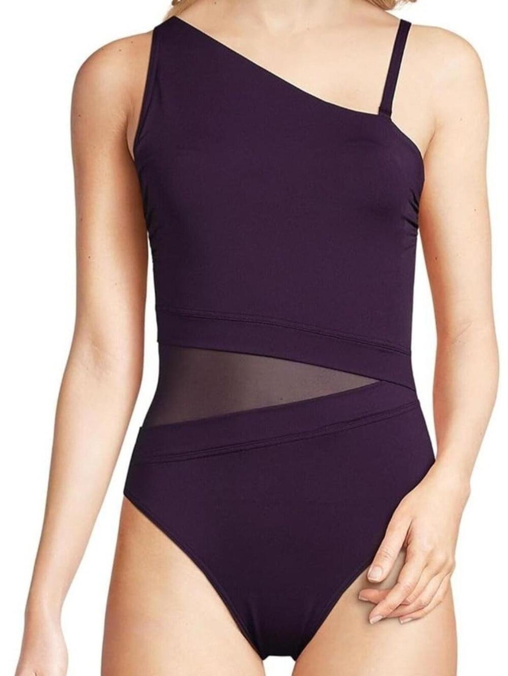 NEW Lands End Size 14 Blackberry Control Mesh Swimsuit Purple Goddess One Strap